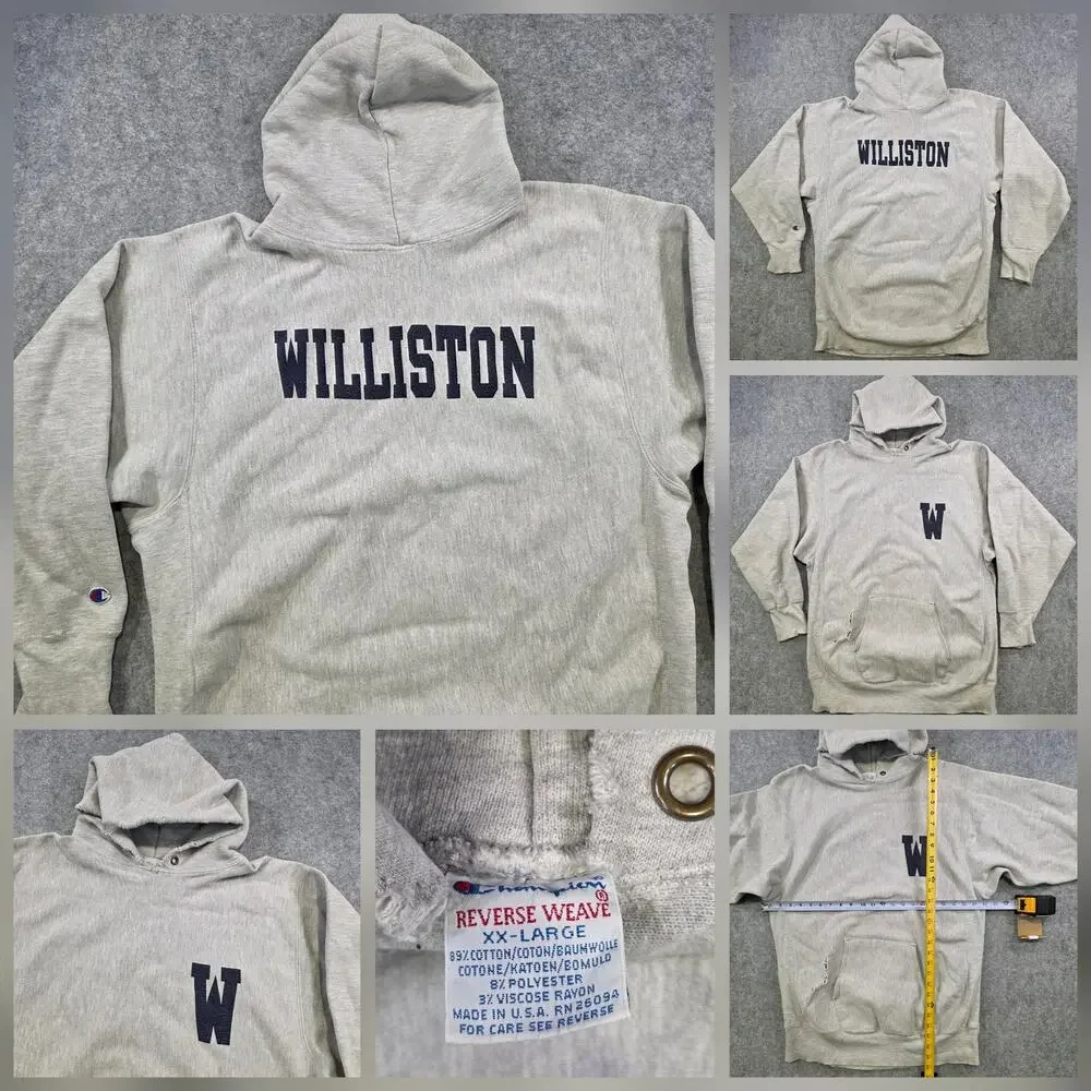 Vintage 90s Champion Reverse Weave‎ Hoodie Mens 2XL Gray Williston College USA
